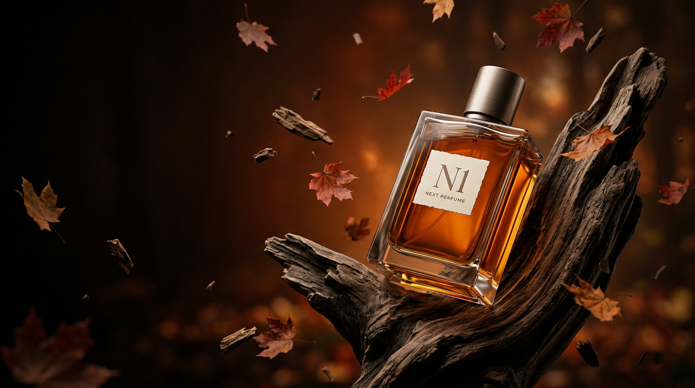 Next Perfume N1: amber perfume bottle resting on sculpted driftwood with floating autumn leaves
