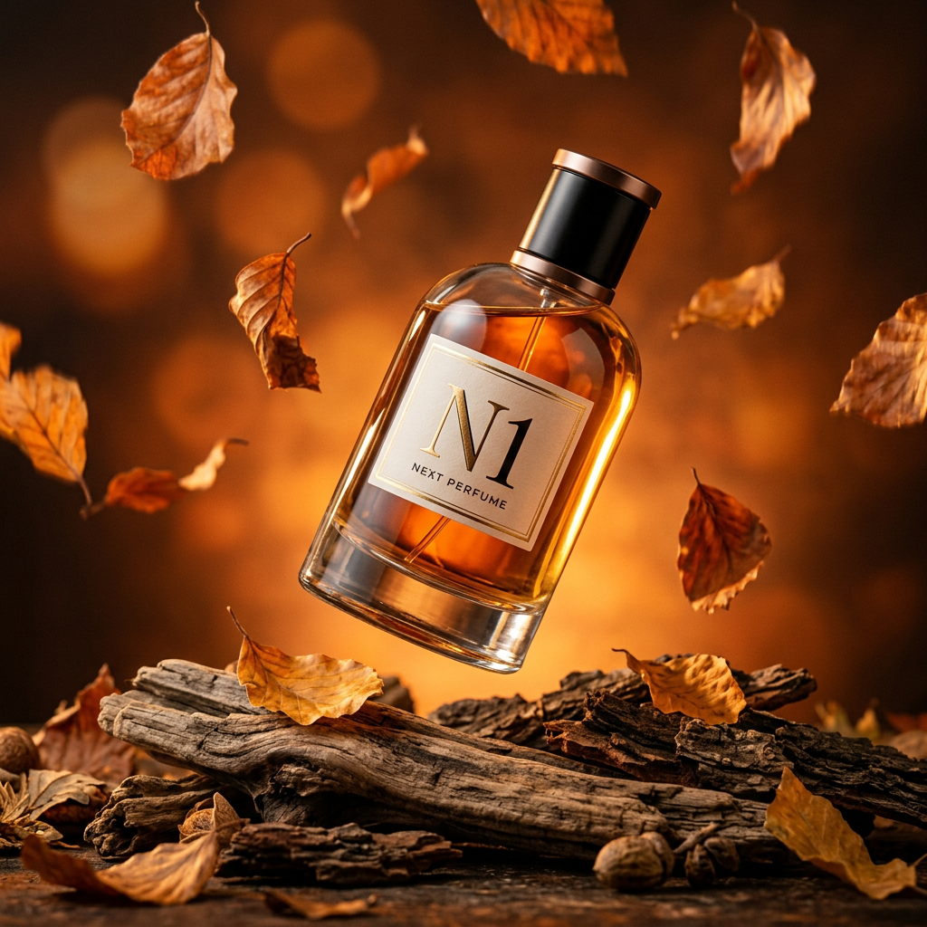 N1 by Next Perfume: woody spicy perfume bottle floating over driftwood and autumn leaves