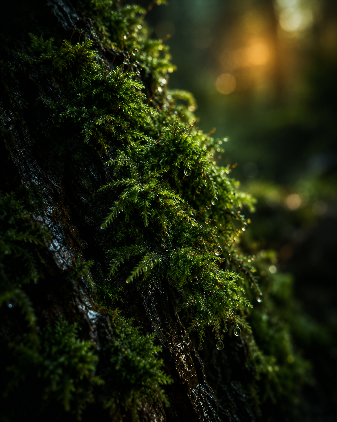 Green moss growing on dark wet bark