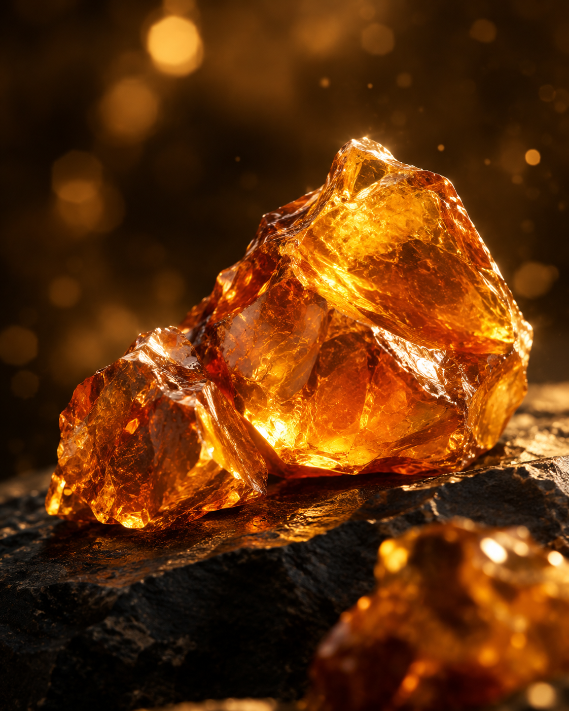 Glowing golden amber resin chunks