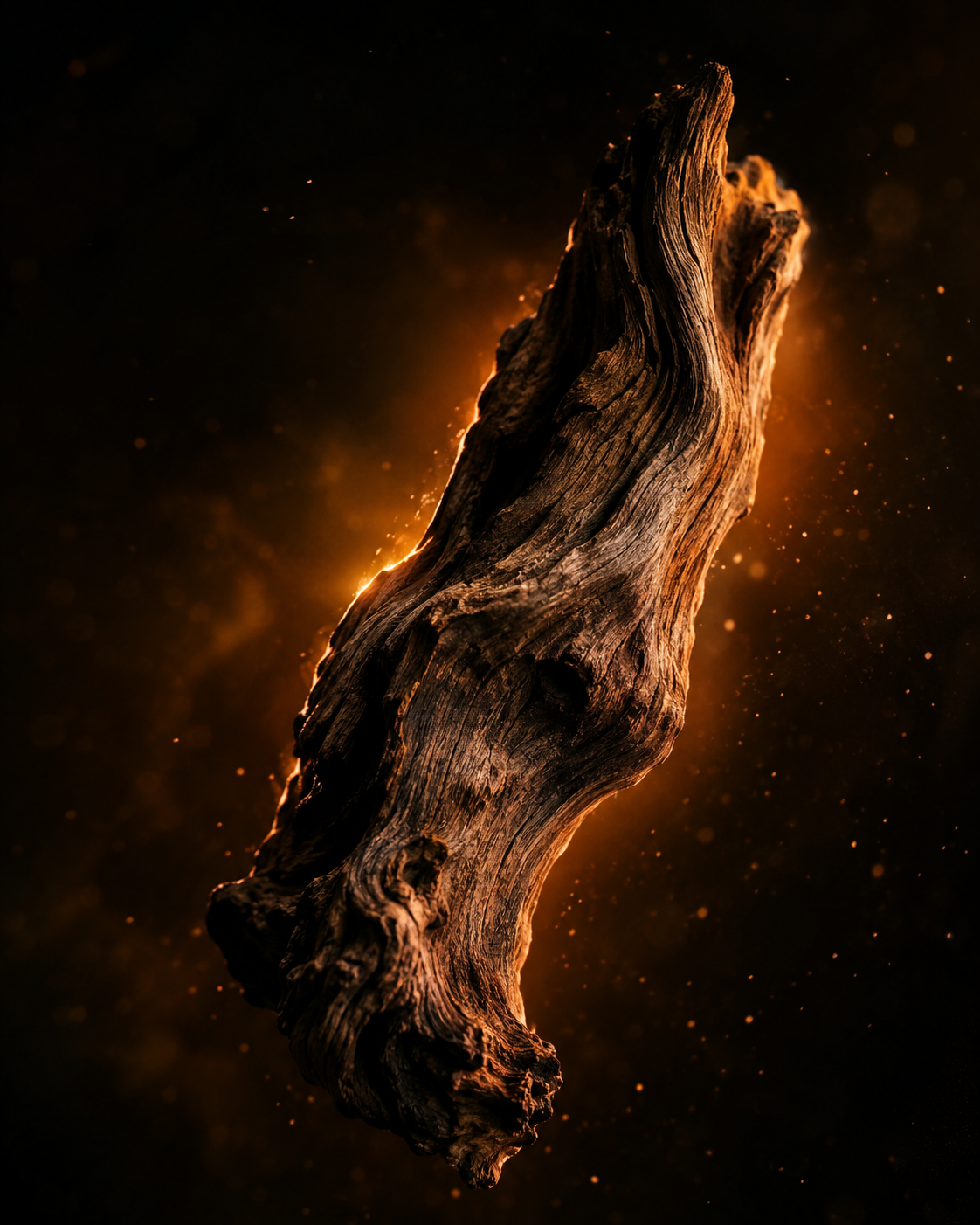 Sculpted driftwood glowing in warm amber light