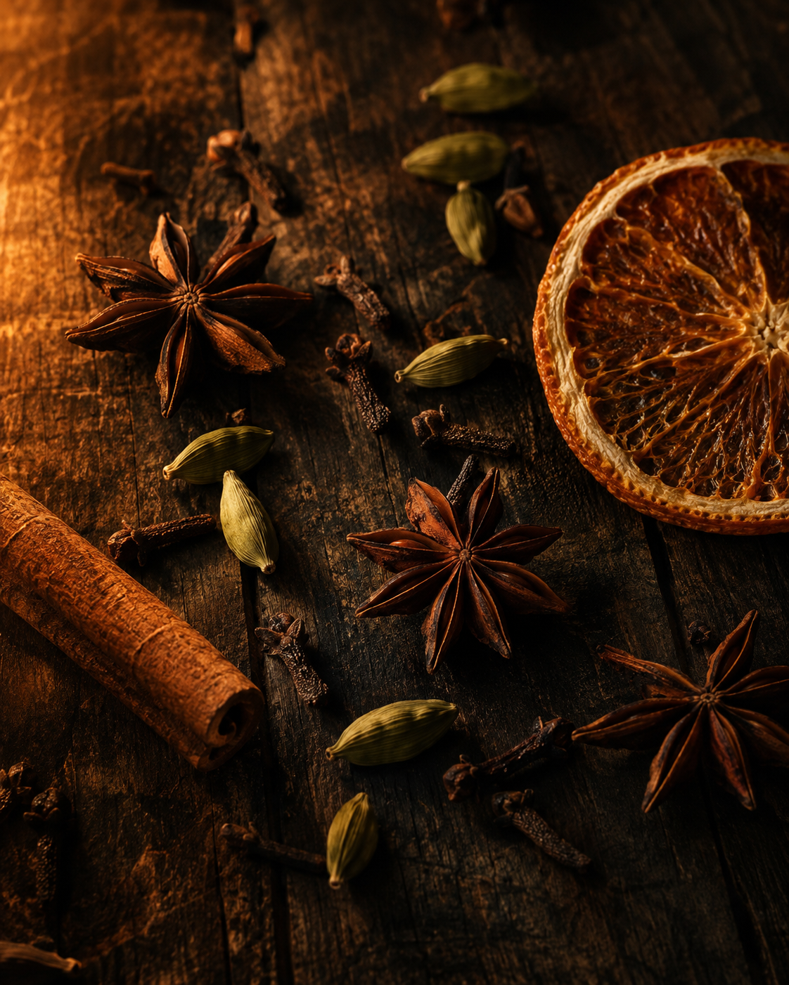 Star anise, cardamom, cloves and dried orange on dark wood
