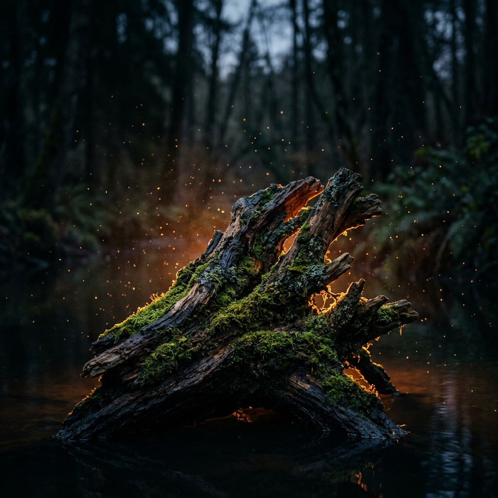 Mossy driftwood lit by warm amber light