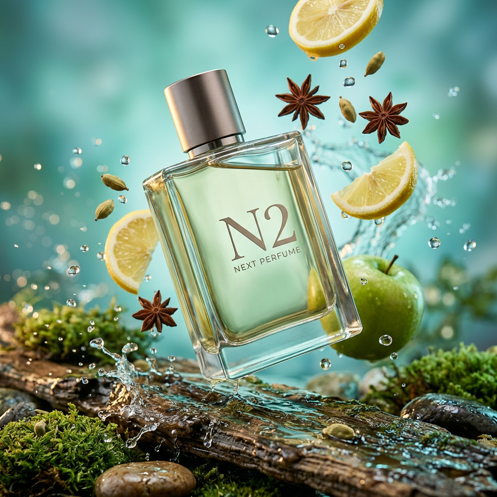 N2 by Next Perfume: fresh fruity perfume bottle with lemon, apple and star anise over wet moss